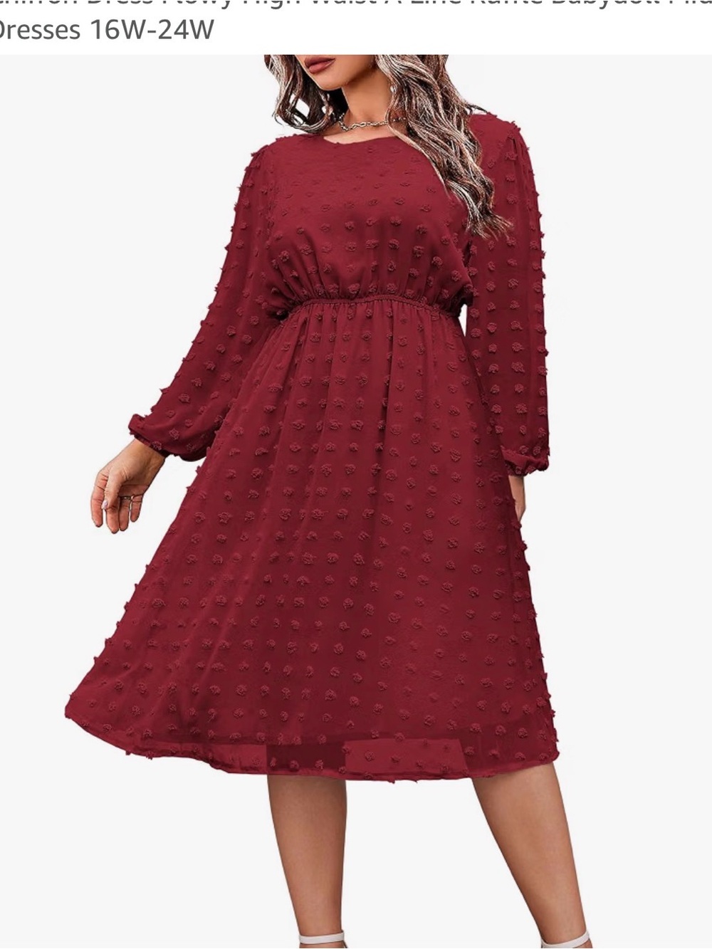 NWT IN'VOLAND Red Swiss Dot Chiffon Long Sleeve Midi Dress Size 22W